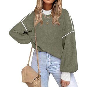 Women's Green 1 Batwing Long Sleeve Crew Neck Striped Oversized Pullover Sweater